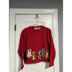 Design Options Philip & Jane Gordon Red Cat Sweater Cardigan Cottage Grandma M